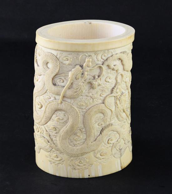 A Japanese ivory dragon tusk vase, Meiji period, 14.7cm